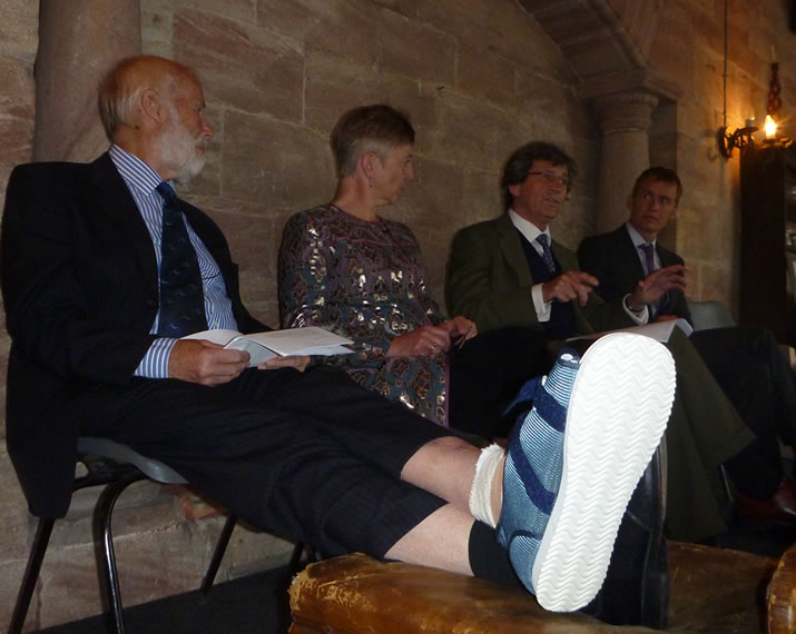 l-r: Chris Bonington, 28 hours after having a toe amputated, Julie Summers, Melvyn Bragg and Leo Houlding