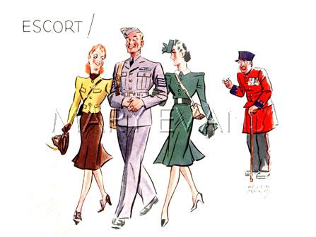 WW2 Christmas card, Escort! A Chelsea Pensioner looks in admiration at an RAF airman with an elegant woman on each arm. 1941